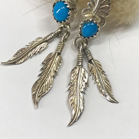 Running Bear Trading Sterling Silver Turquoise Sawtooth Bezel Feather Earrings - Picture 10 of 12